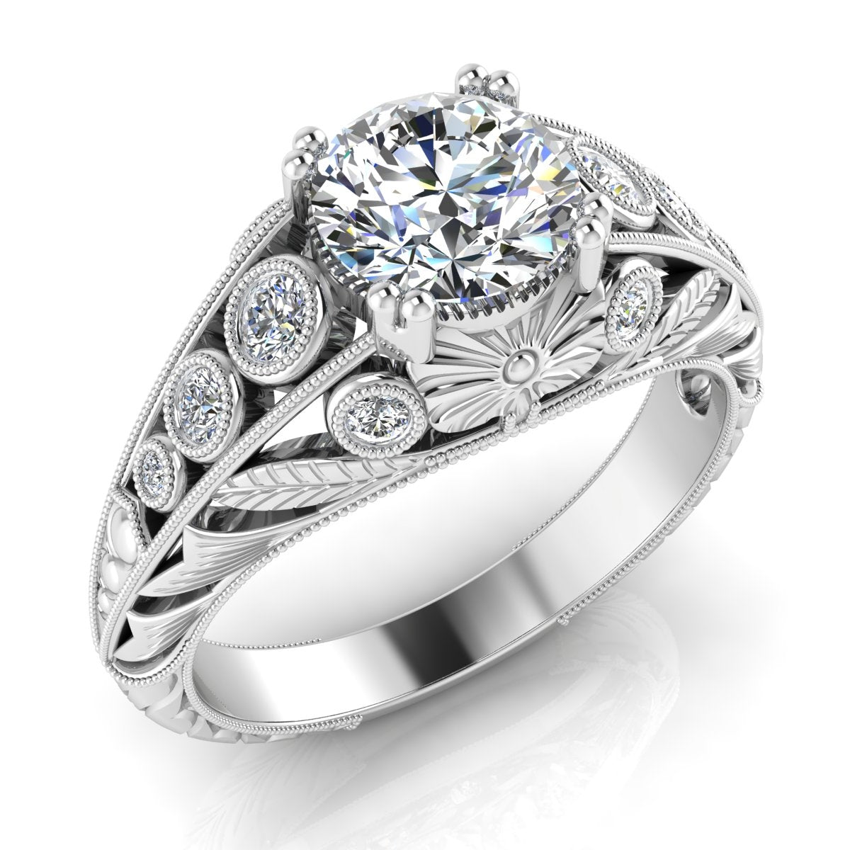 GORDON CLARK- Engagement Ring. Antique Inspired Art Deco Bezel Set RD Diamonds and leaves pattern.