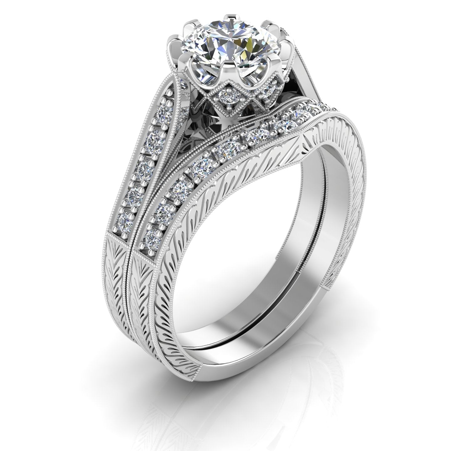 Vintage Petite Diamond Engagement Ring with Matching Band by Jolie Designs