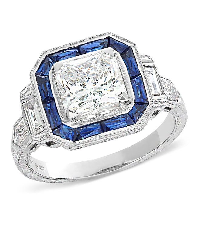 Gordon Clark Antique Inspired Princess Cut Diamond and Blue Sapphire Engagement Ring by Jolie Designs