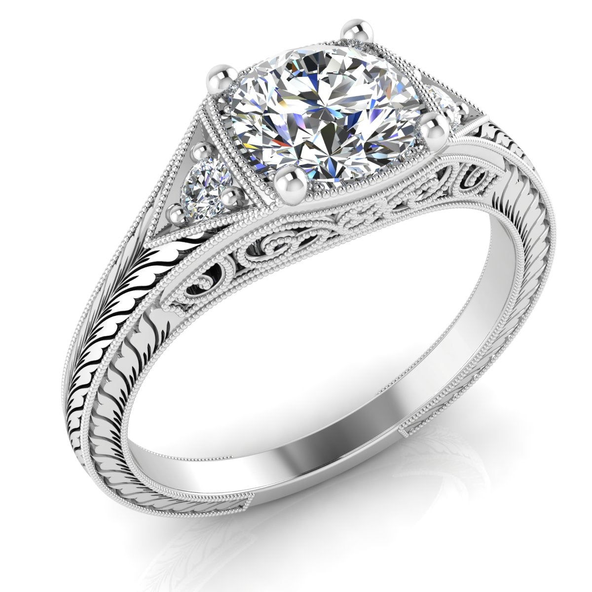 Vintage Petite Diamond Engraved Engagement Ring by Jolie Designs