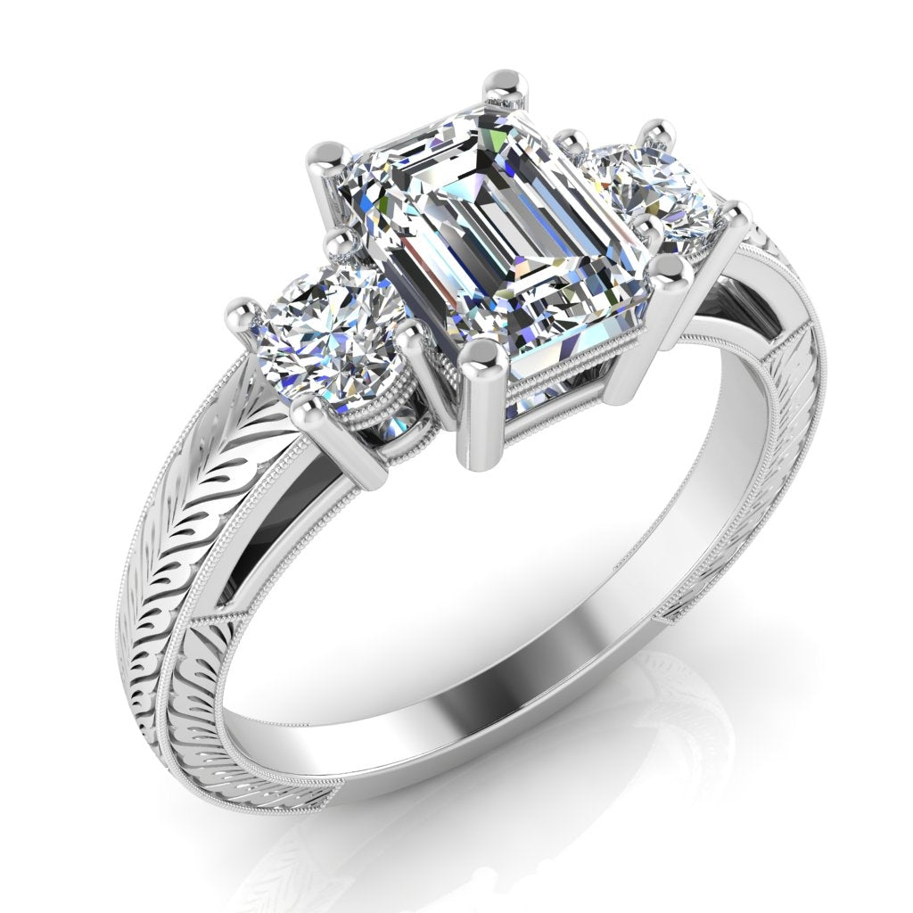 Antique Inspired Emerald Cut Three Stone Engraved Ring by Jolie Designs