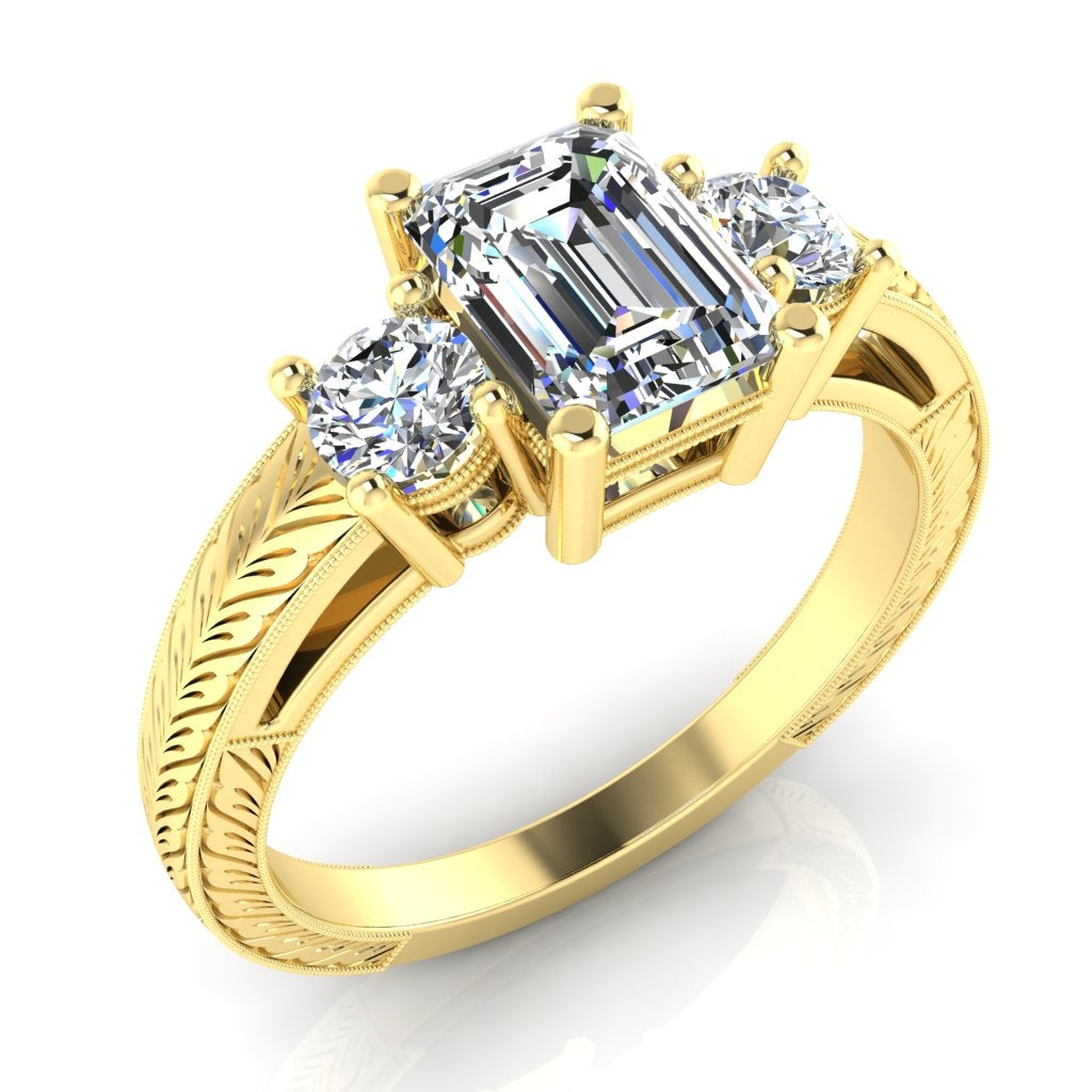 Antique Inspired Emerald Cut Three Stone Engraved Ring by Jolie Designs