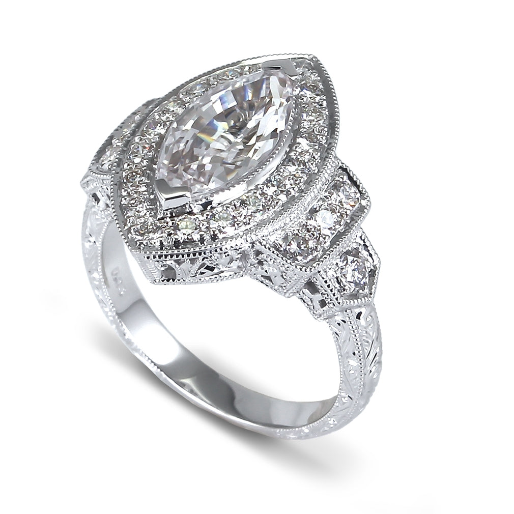 Antique Inspired Marquise Diamond Engraved Ring by Gordon Clark
