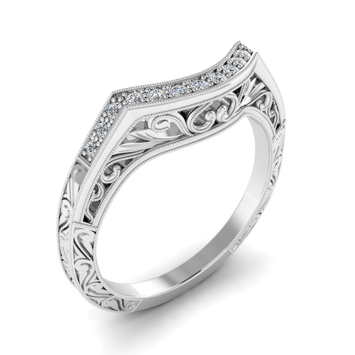 Classic Inspired Diamond Guard Band with Mill Graining and Scroll Engraving by Jolie Designs
