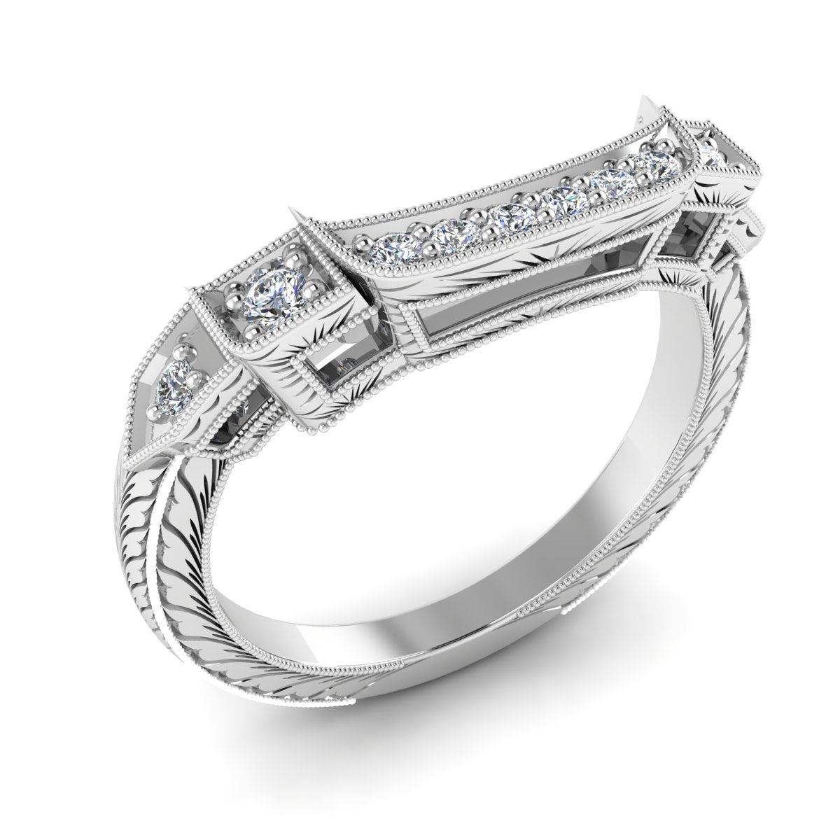 Antique Inspired Diamond Engagement Ring with Baguettes and Milgrain by Gordon Clark