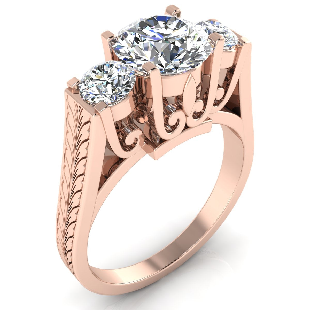 Antique Inspired Three Stone Fleur de Li Engraved Ring by Jolie Designs