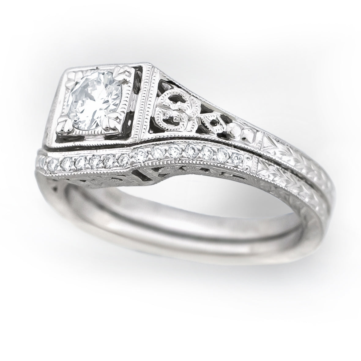 Antique Inspired Mill Grain Diamond Engagement Ring by Jolie Designs