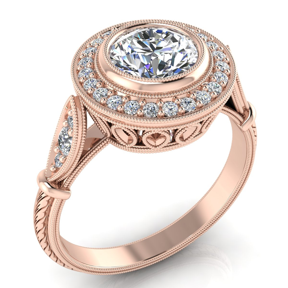 Antique Classic Diamond Halo Engagement Ring with Hand Engraving by Jolie Designs