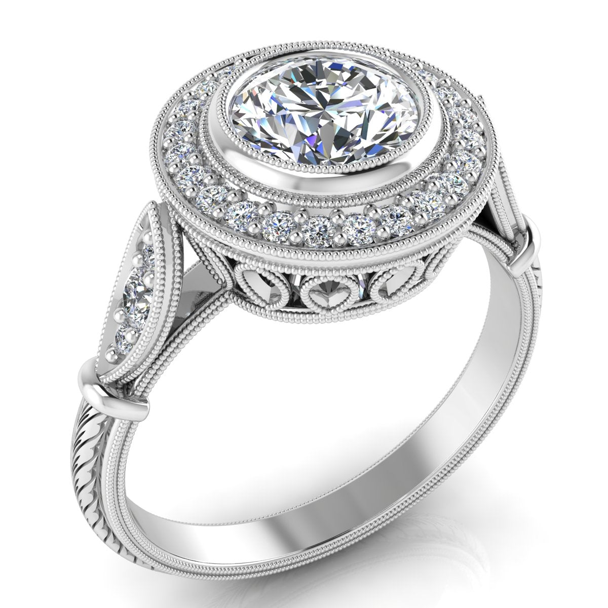 Antique Classic Diamond Halo Engagement Ring with Hand Engraving by Jolie Designs