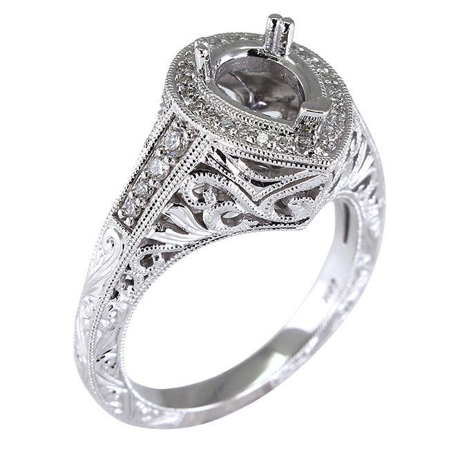 Antique Inspired Pear Shape Engraved Diamond Engagement Ring by Jolie Designs