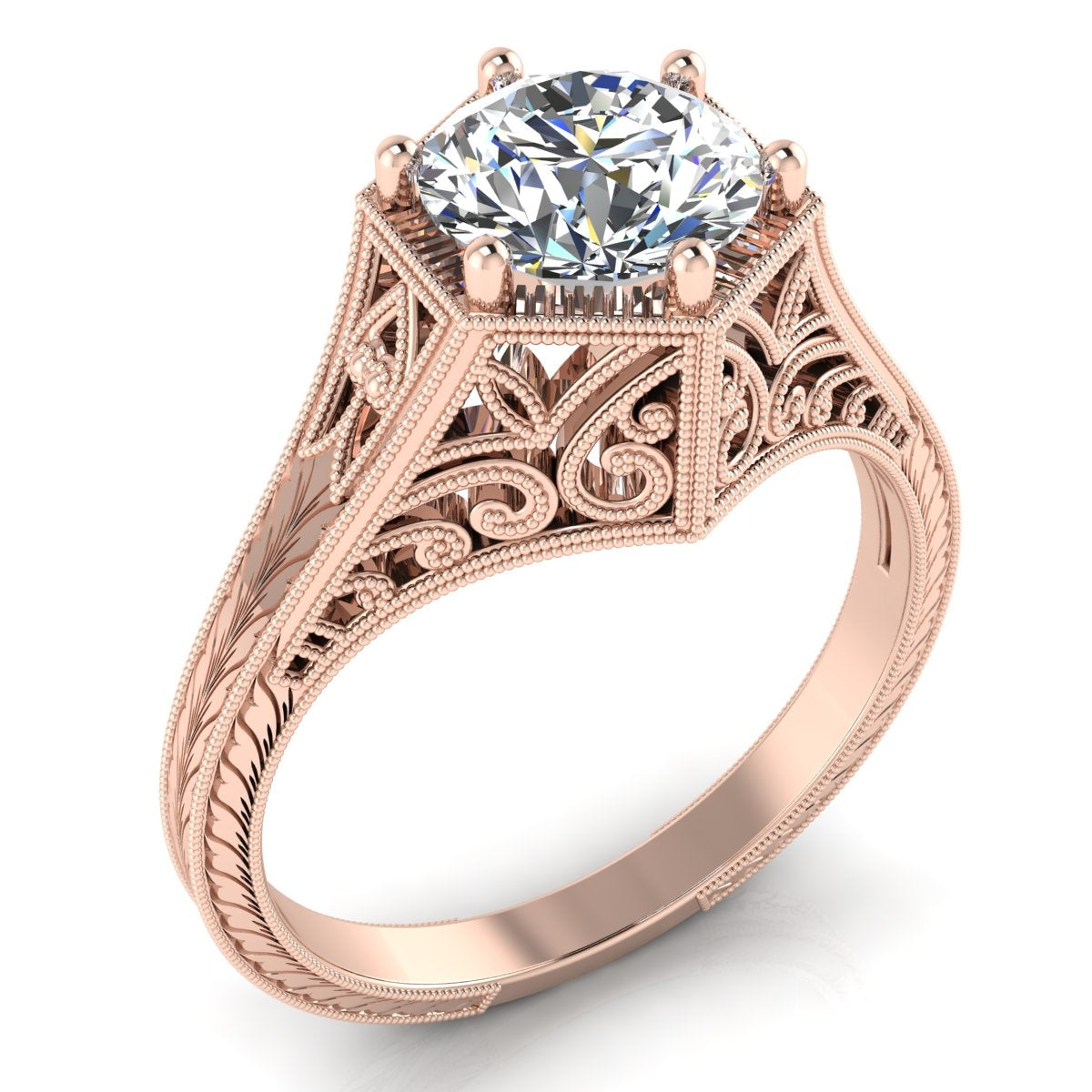 Antique Inspired Octagon Engraved Solitaire Engagement Ring by Jolie Designs