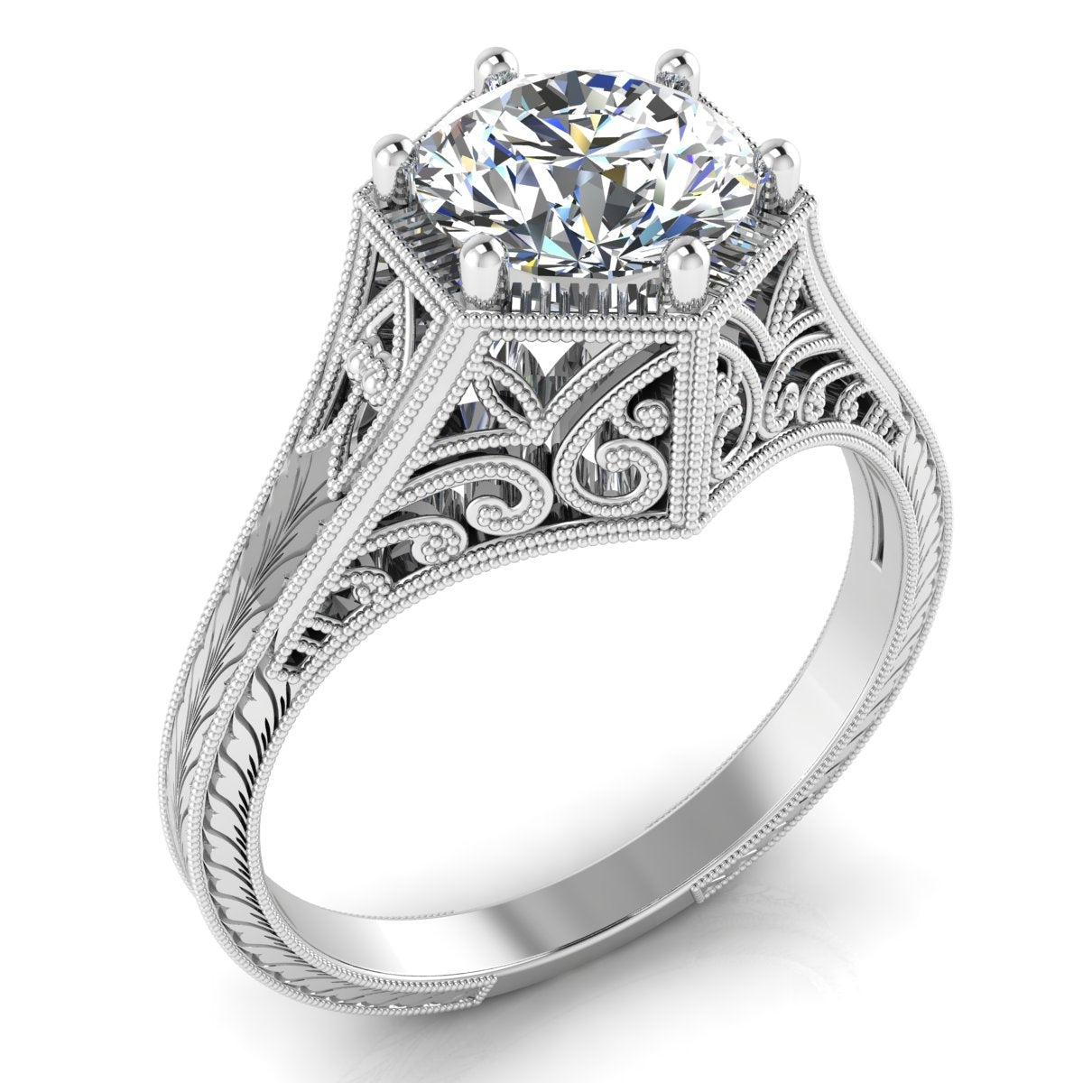 Antique Inspired Octagon Engraved Solitaire Engagement Ring by Jolie Designs
