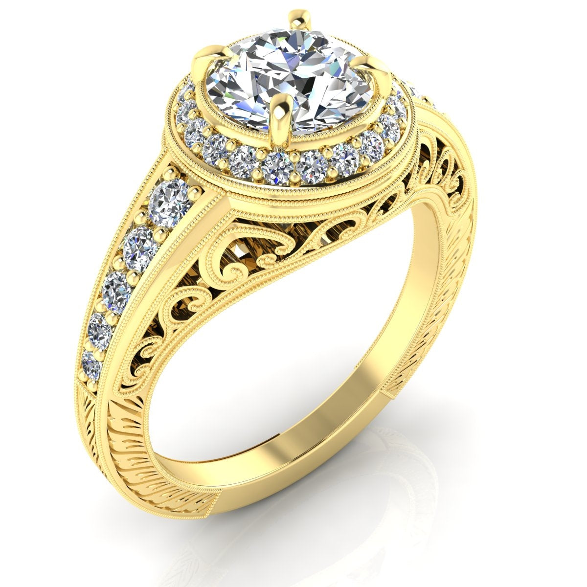 Classic Style Diamond Halo Engagement Ring with Filigree and Engraving by Jolie Designs