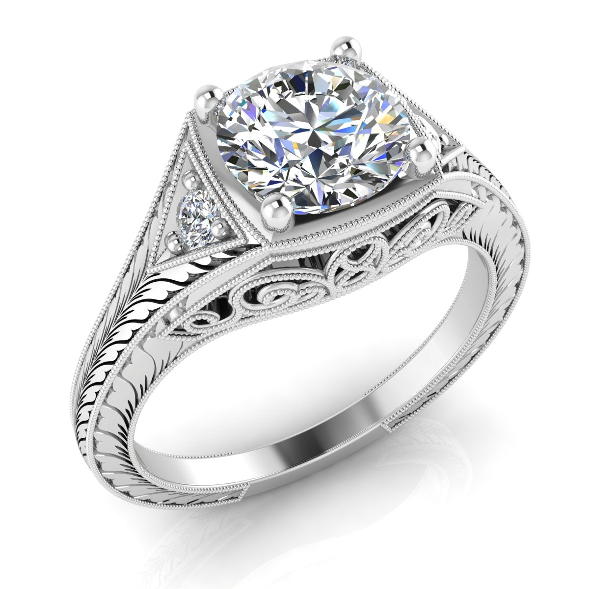 Gordon Clark Vintage Petite Diamond Engagement Ring with Hand Engraving and Milgrain by Jolie Designs