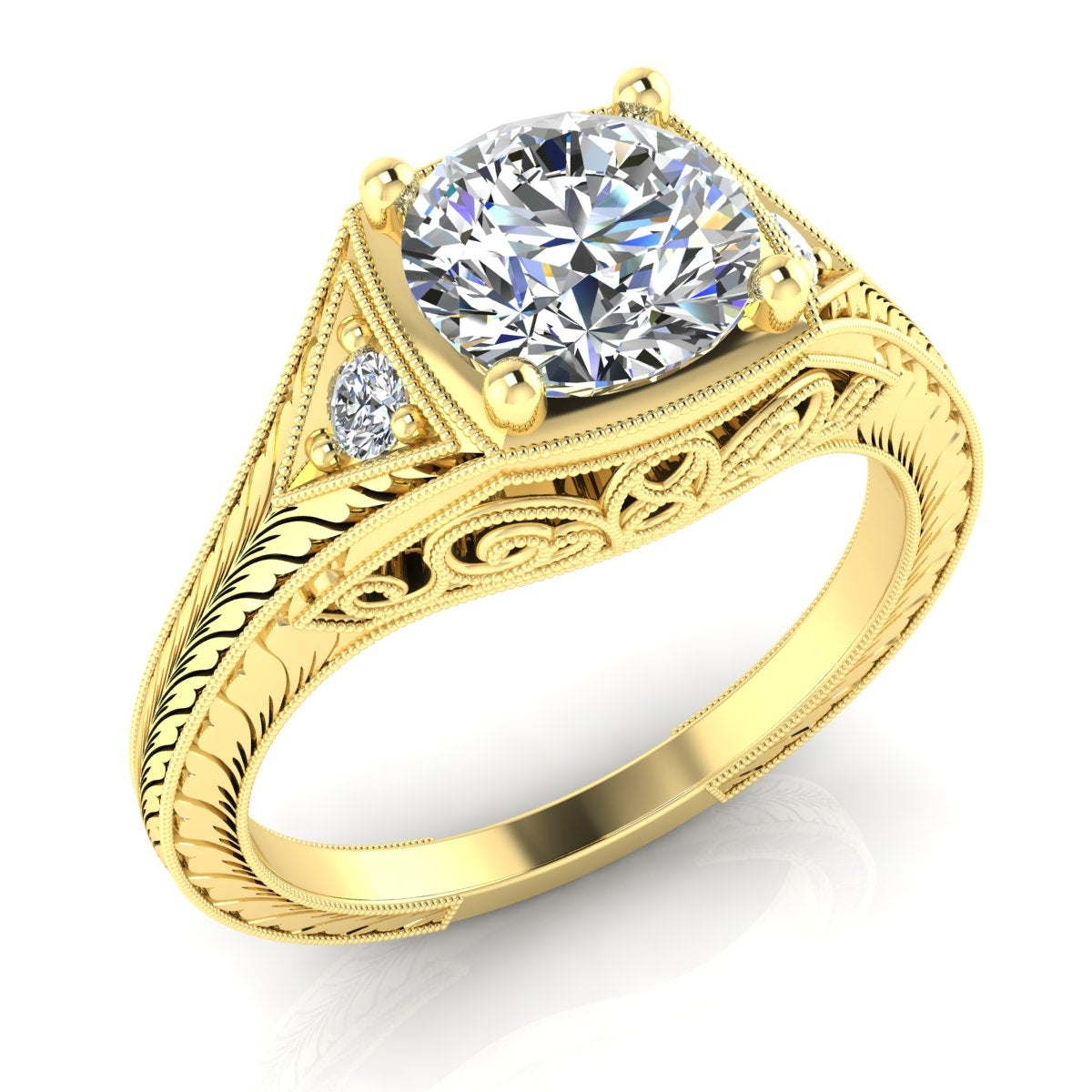 Gordon Clark Vintage Petite Diamond Engagement Ring with Hand Engraving and Milgrain by Jolie Designs