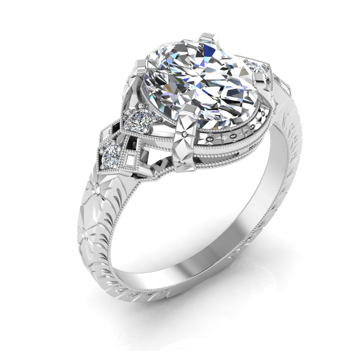 Antique Inspired Oval Diamond Halo Engagement Ring with Hand Engraved Flowers by Jolie Designs