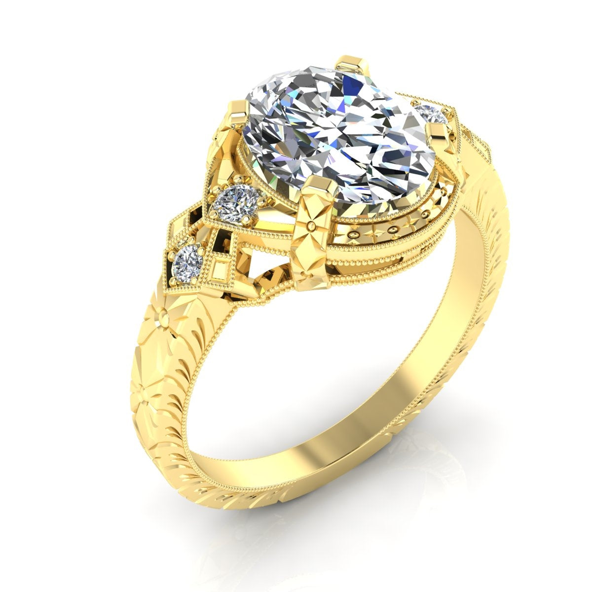 Antique Inspired Oval Diamond Halo Engagement Ring with Hand Engraved Flowers by Jolie Designs
