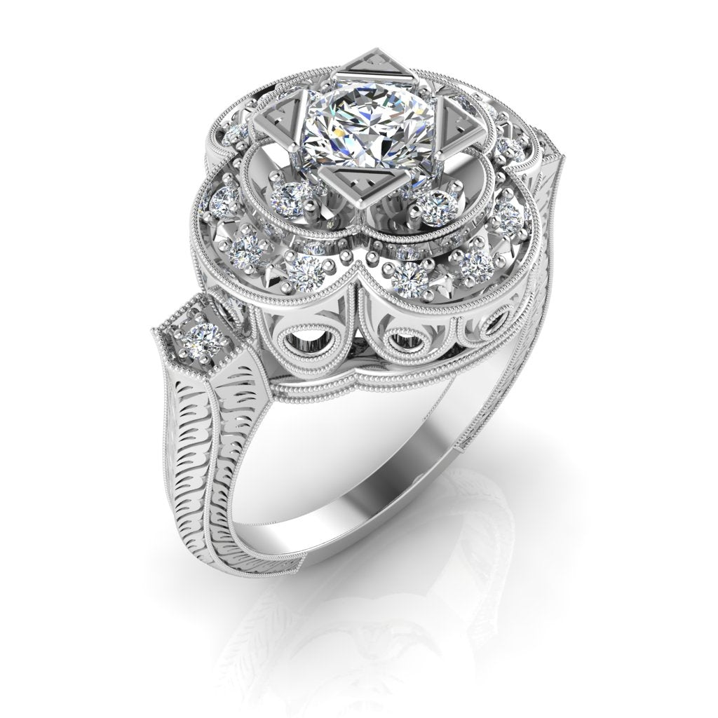 Gordon Clark Double Scalloped Engraved Diamond Engagement Ring with Milgrain