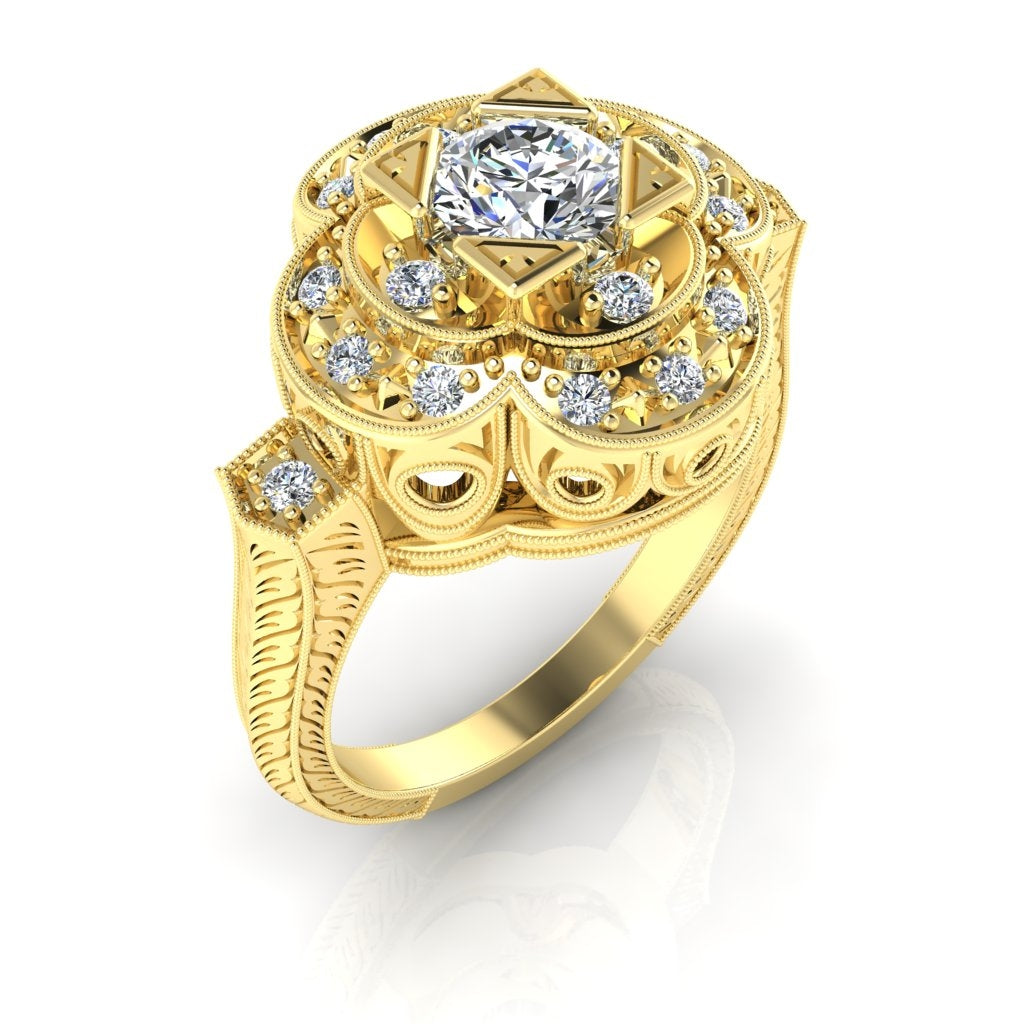Gordon Clark Double Scalloped Engraved Diamond Engagement Ring with Milgrain