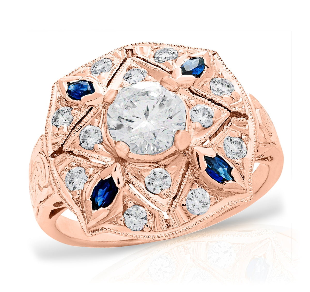 4 Point Star Diamond Engagement Ring with Blue Sapphire Marquees | Jolie Designs