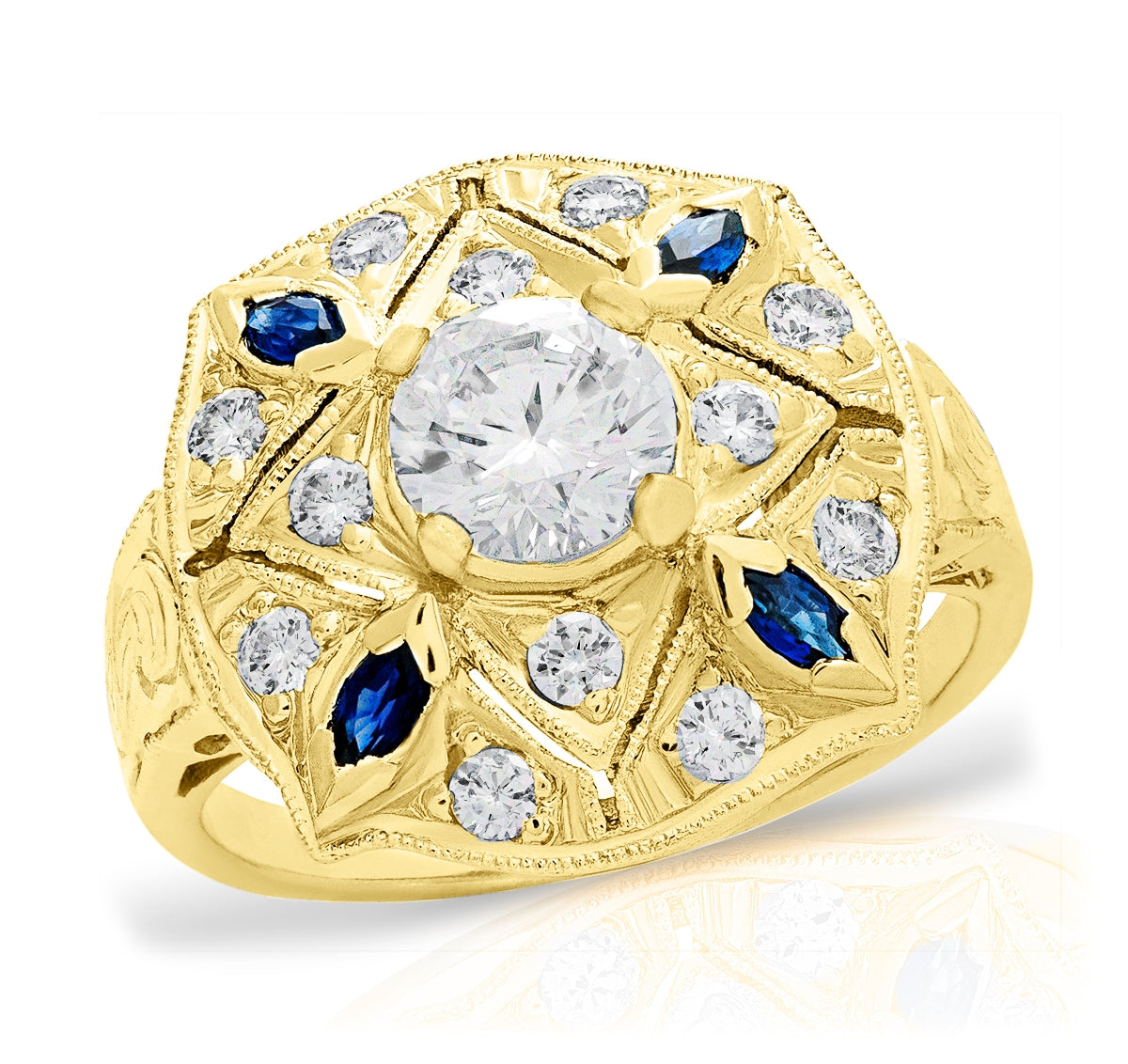 4 Point Star Diamond Engagement Ring with Blue Sapphire Marquees | Jolie Designs