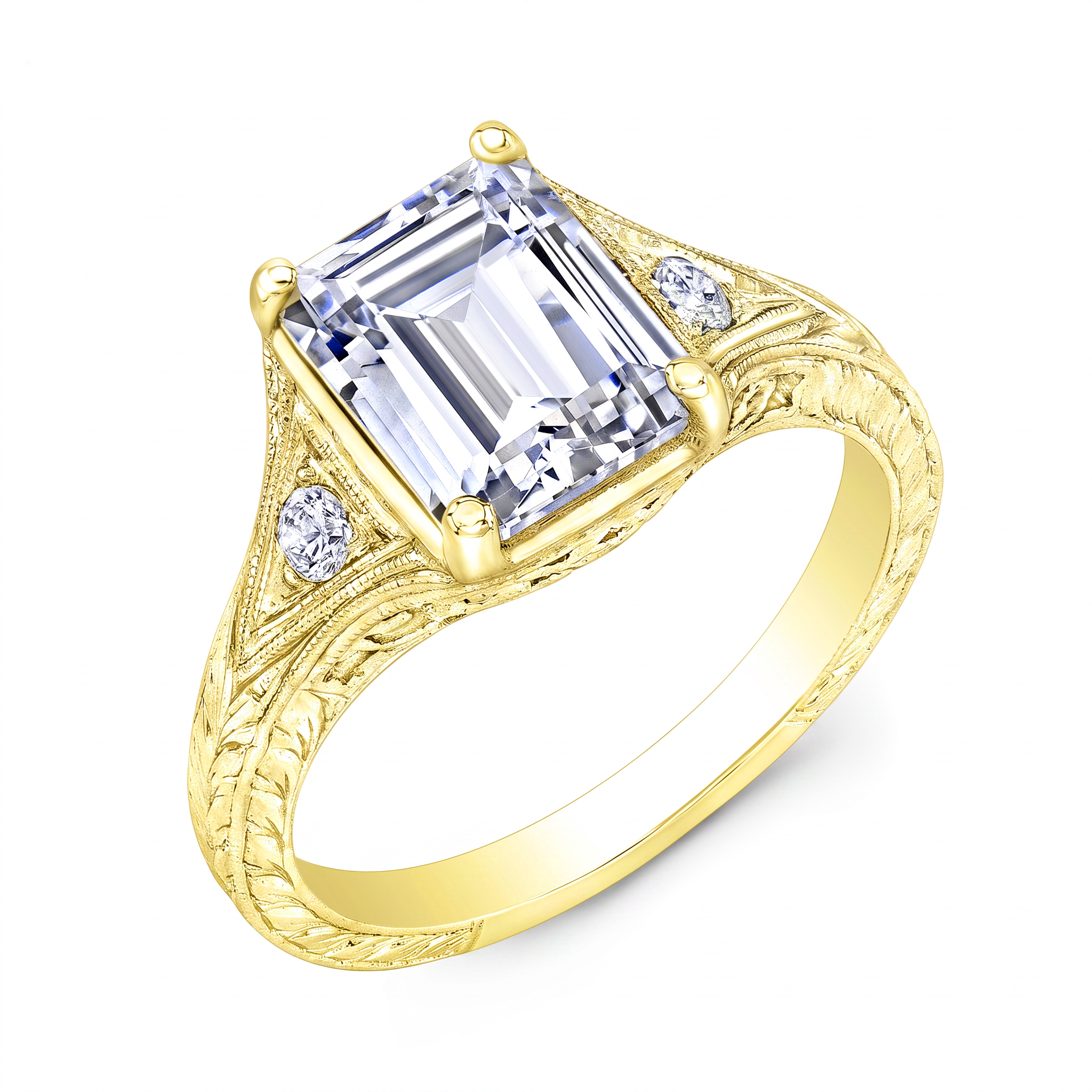 Antique Inspired Emerald Cut Diamond Engagement Ring with Mill Graining by Gordon Clark