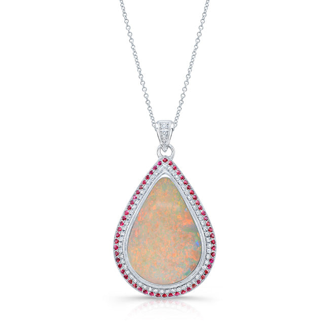Custom Design Pear Shape Opal Pendant with ruby halo
