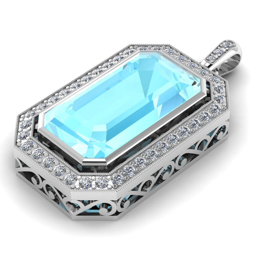 Custom Aqua Cut Gem and Diamond Pendant with Hand Cut Details by Jolie Designs