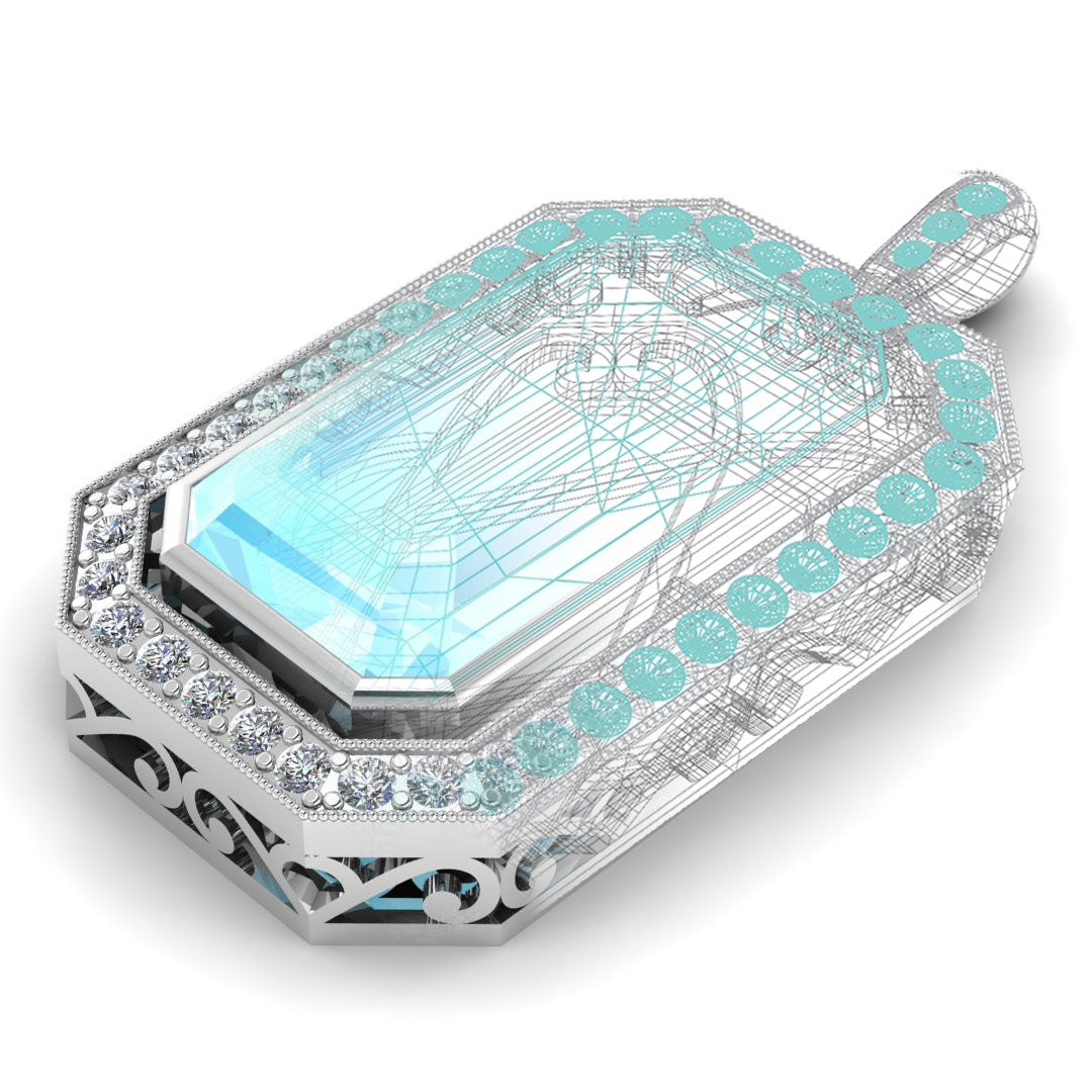 Custom Aqua Cut Gem and Diamond Pendant with Hand Cut Details by Jolie Designs