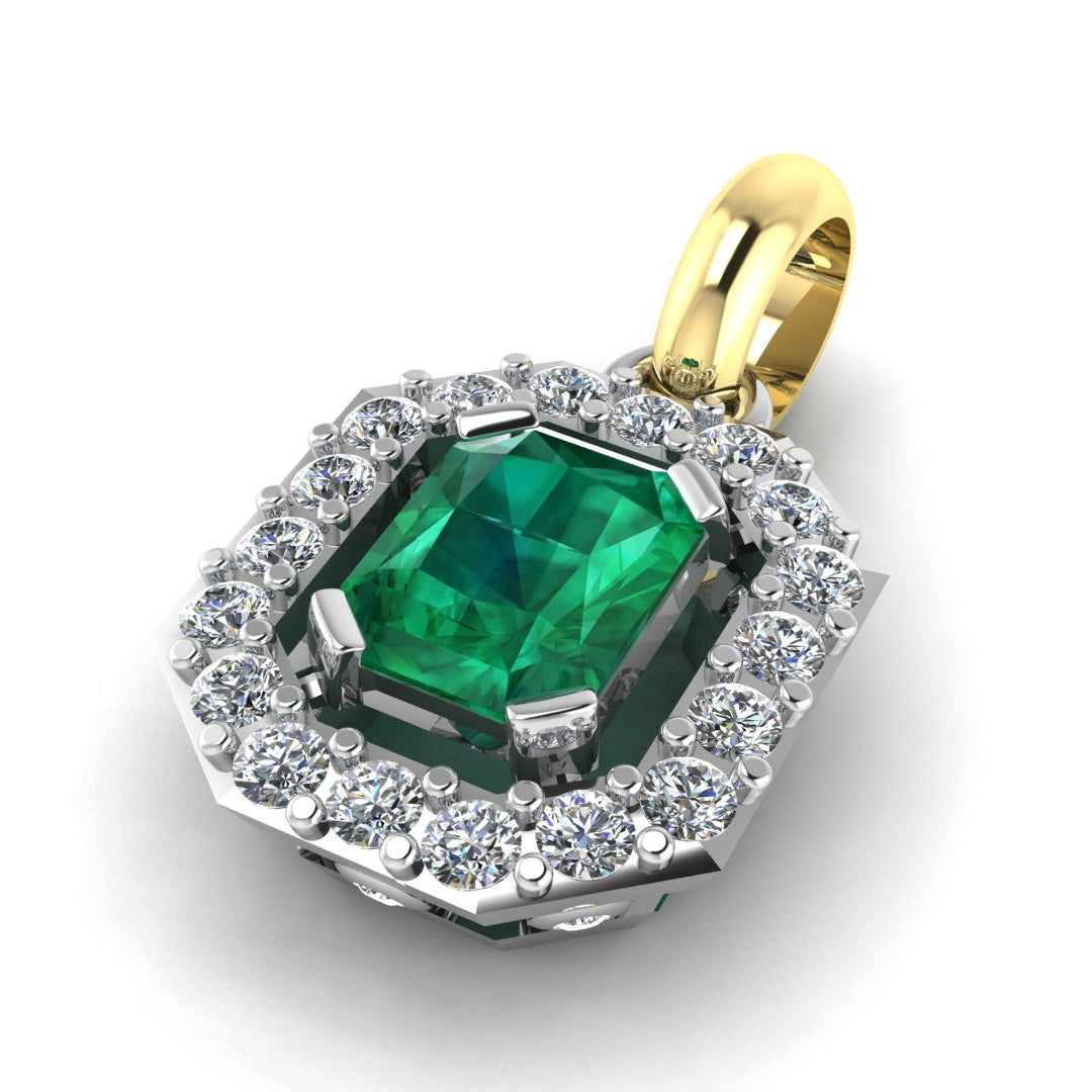 Custom Emerald and Diamond Pendant with Edge Details by Jolie Designs
