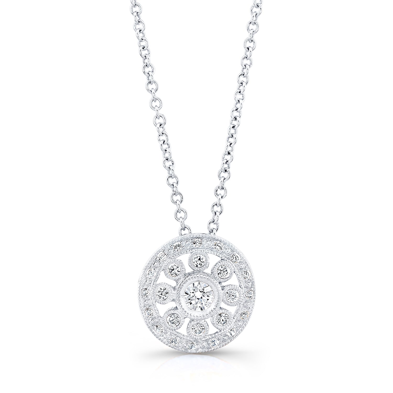 Round Shape Diamond Milgrain Pendant by Jolie Designs