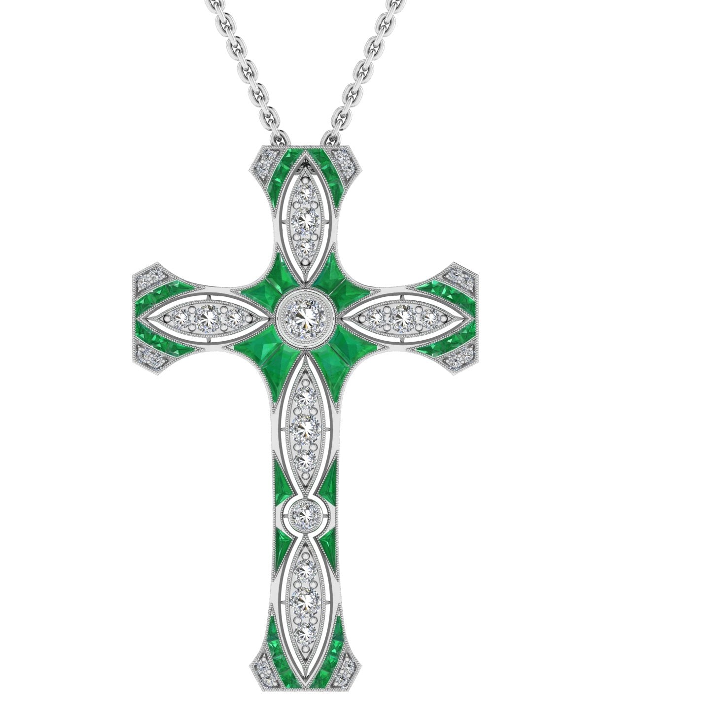 Custom Cut Emerald & Diamond Cross Pendant with Milgrain by Jolie Designs