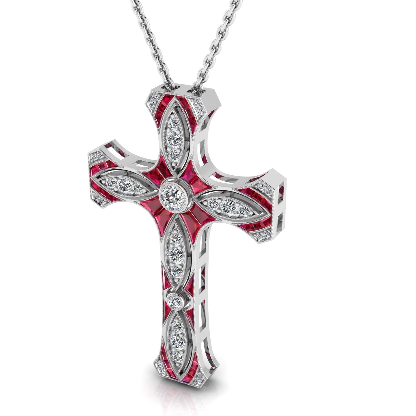 Custom Ruby and Diamond Cross Pendant with Milgrain Detail by Jolie Designs