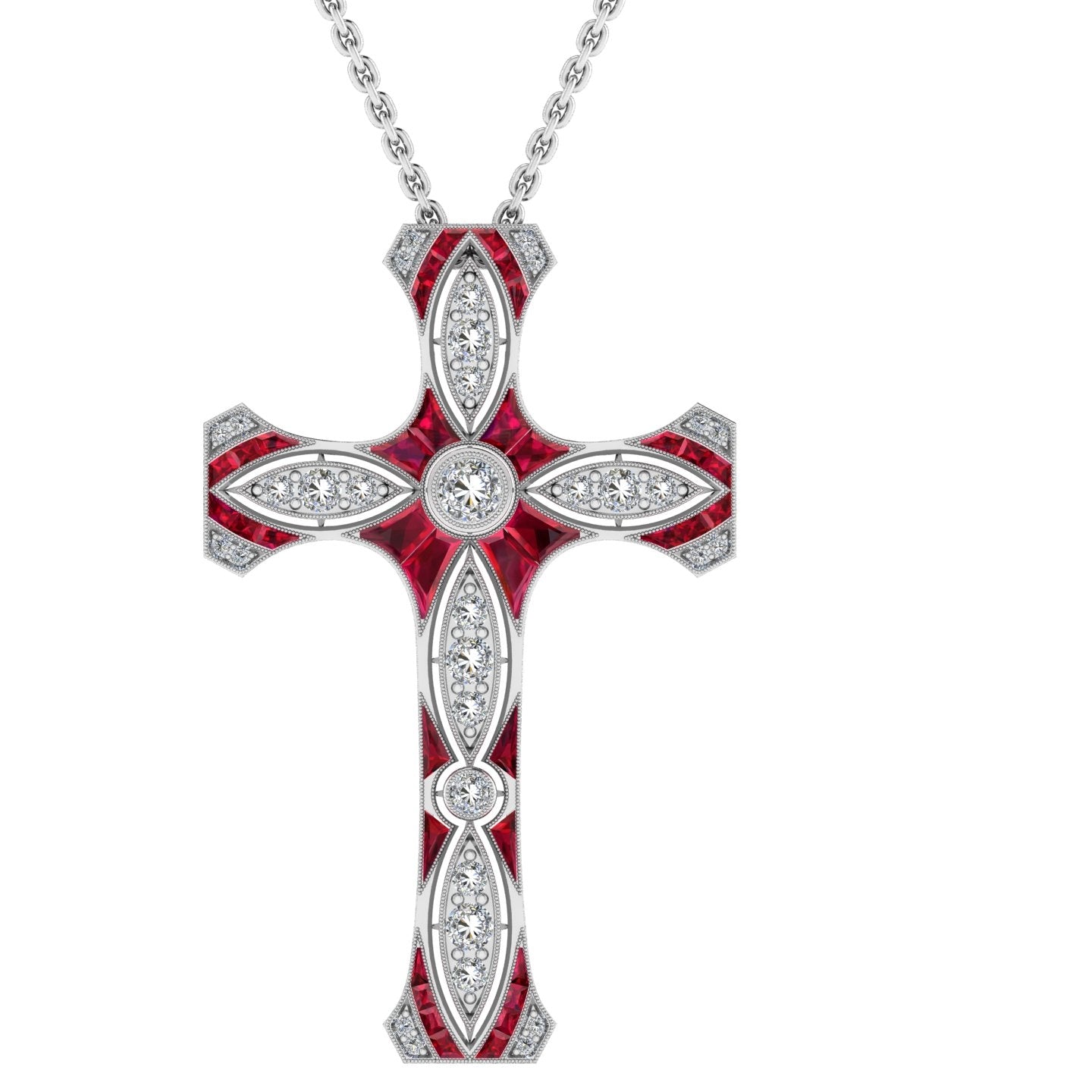 Custom Ruby and Diamond Cross Pendant with Milgrain Detail by Jolie Designs