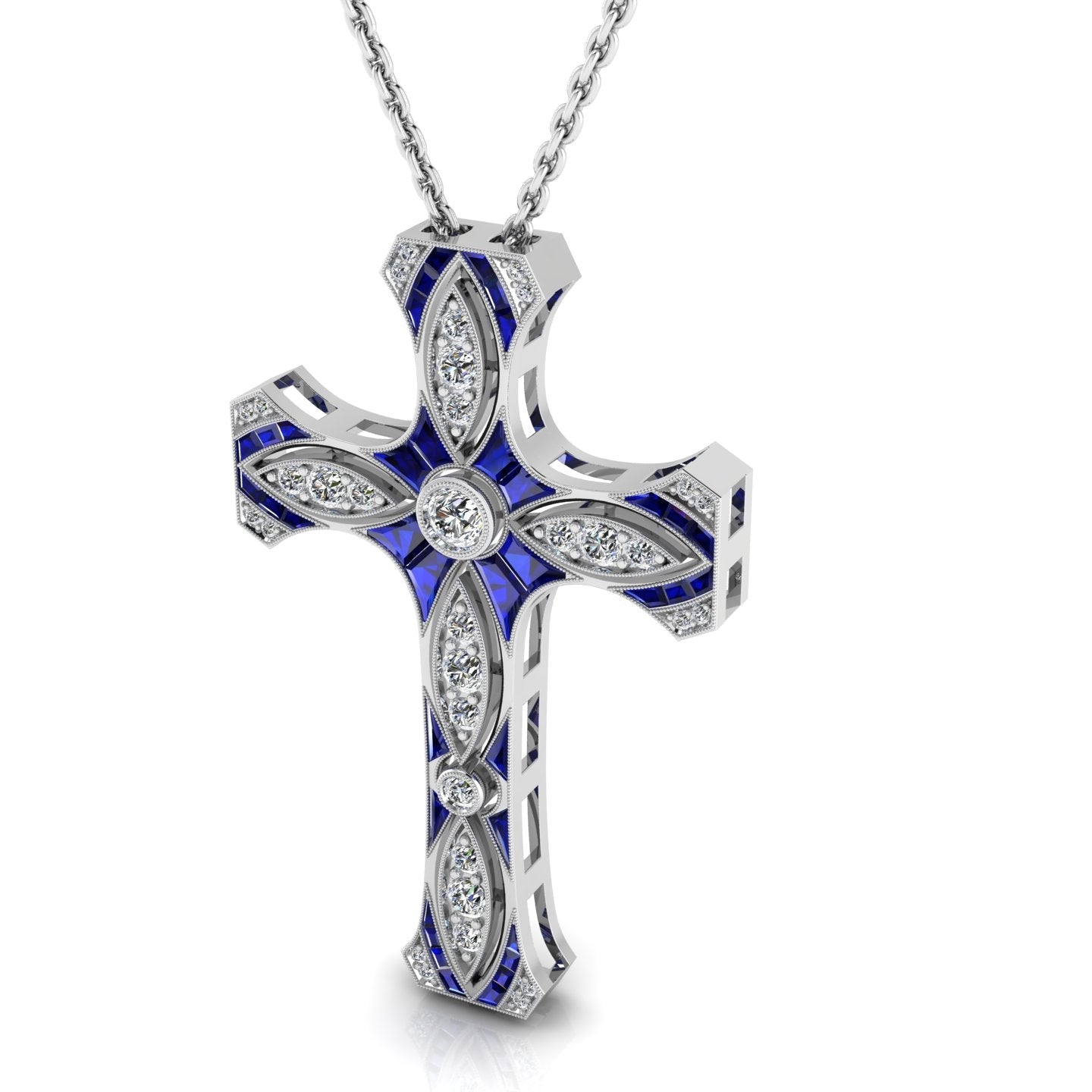 Blue Sapphire and Diamond Cross Pendant with Milgrain by Jolie Designs