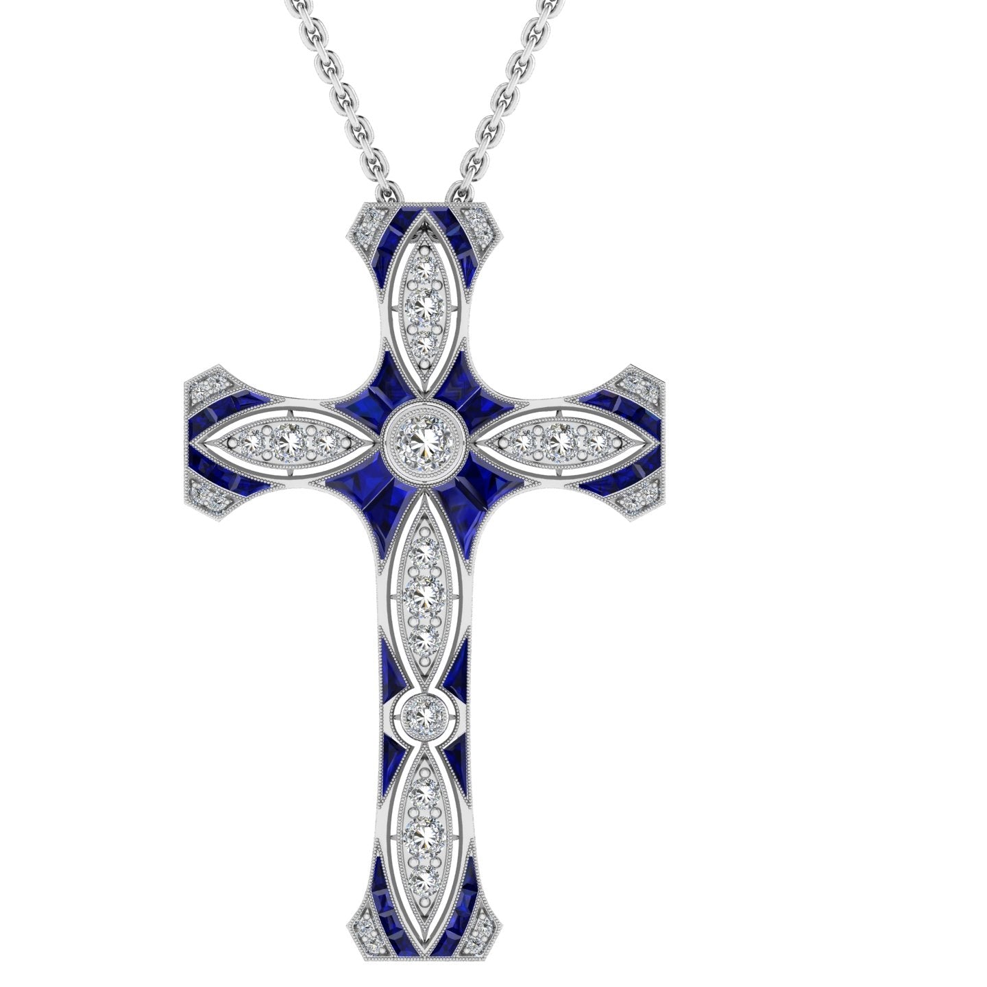 Blue Sapphire and Diamond Cross Pendant with Milgrain by Jolie Designs