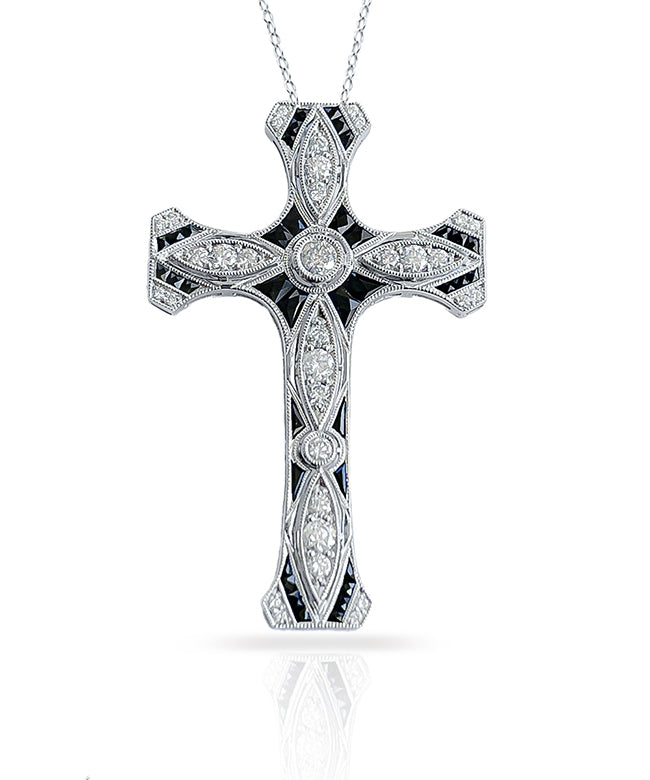 Black Spinel Sapphire & Diamond Cross Pendant with Milgrain by Jolie Designs