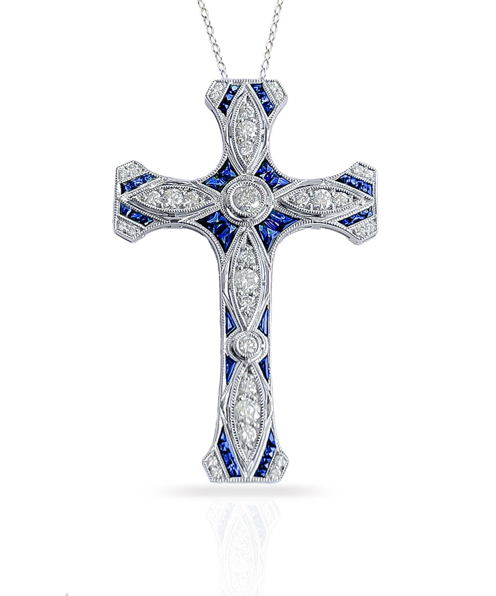 Blue Sapphire and Diamond Cross Pendant with Milgrain by Jolie Designs