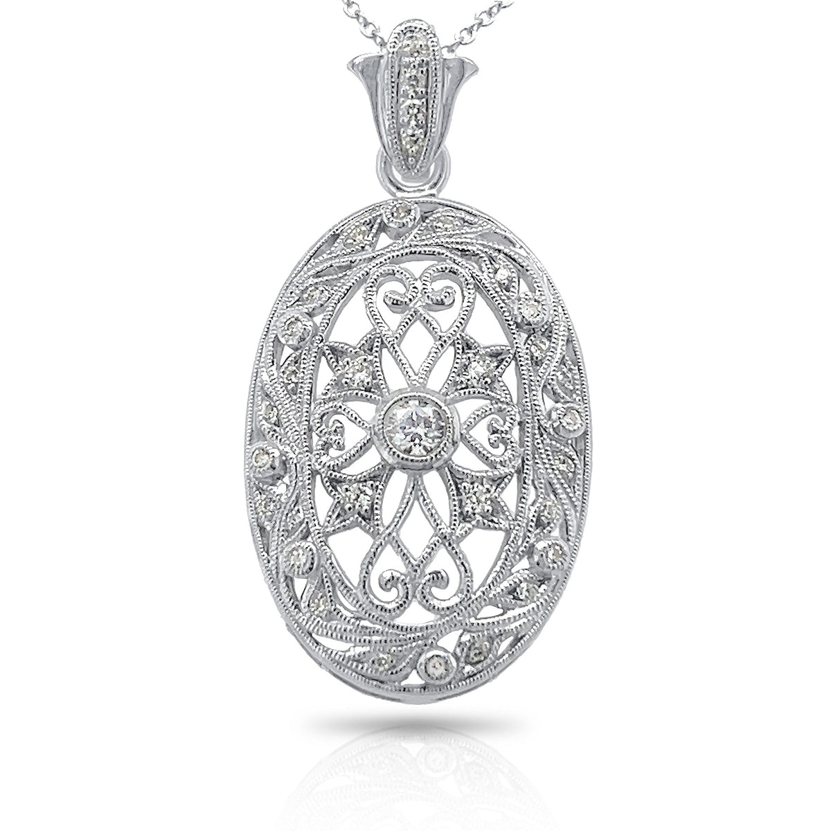 Oval Fleur de Lis and Leaf Diamond Pendant with Milgrain by Jolie Designs