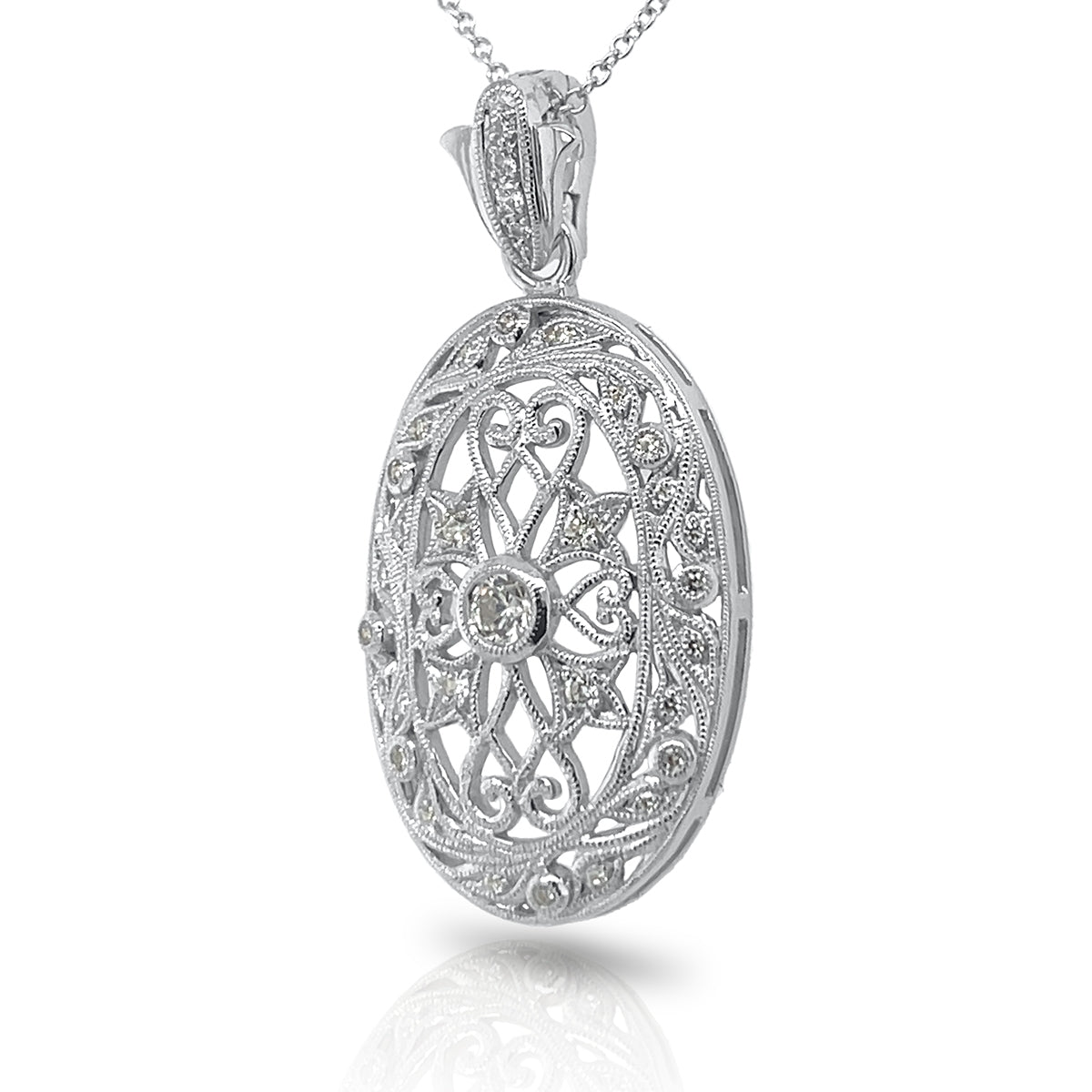 Oval Fleur de Lis and Leaf Diamond Pendant with Milgrain by Jolie Designs