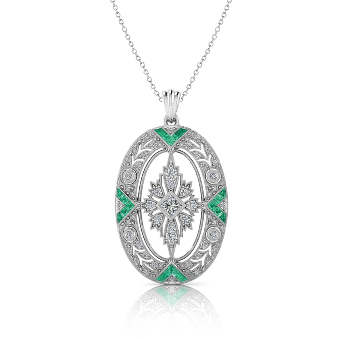 Vintage Inspired Oval Emerald and Diamond Milgrain Pendant by Jolie Designs