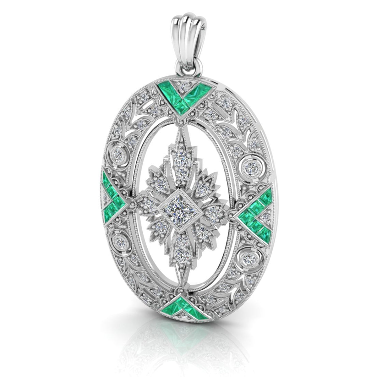 Vintage Inspired Oval Emerald and Diamond Milgrain Pendant by Jolie Designs