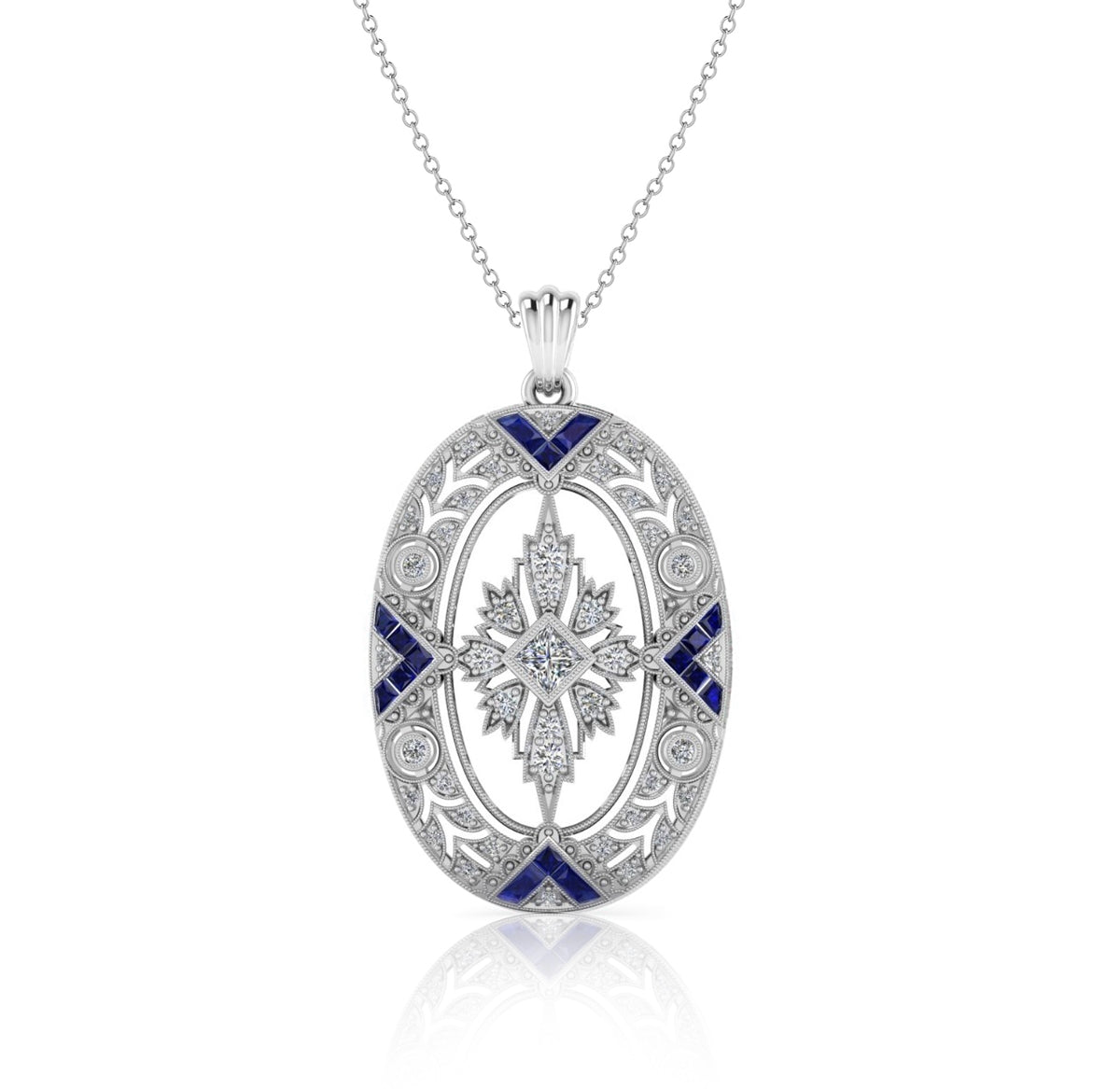 Vintage Inspired Oval Blue Sapphire and Diamond Milgrain Pendant by Jolie Designs