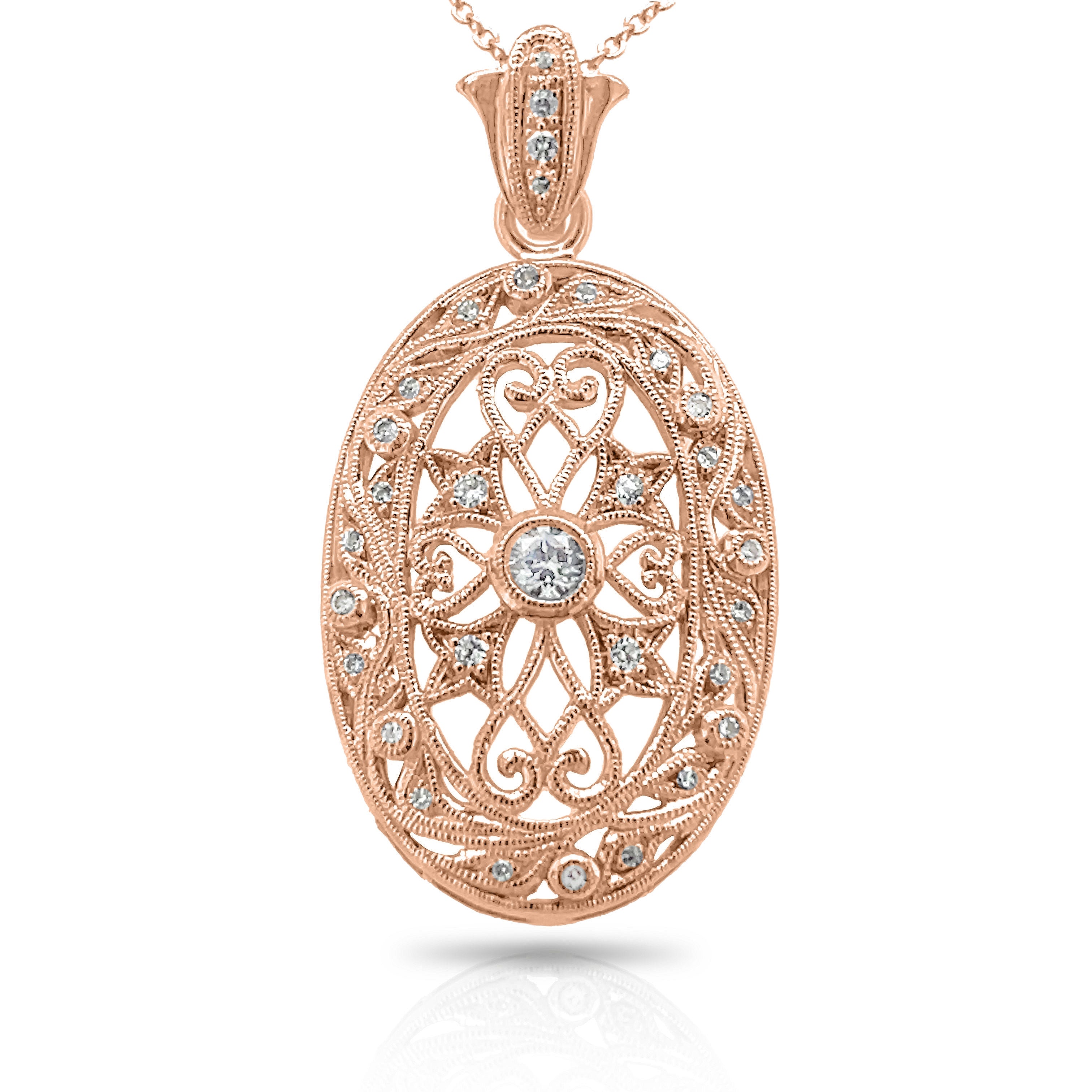 Oval Fleur de Lis and Leaf Diamond Pendant with Milgrain by Jolie Designs