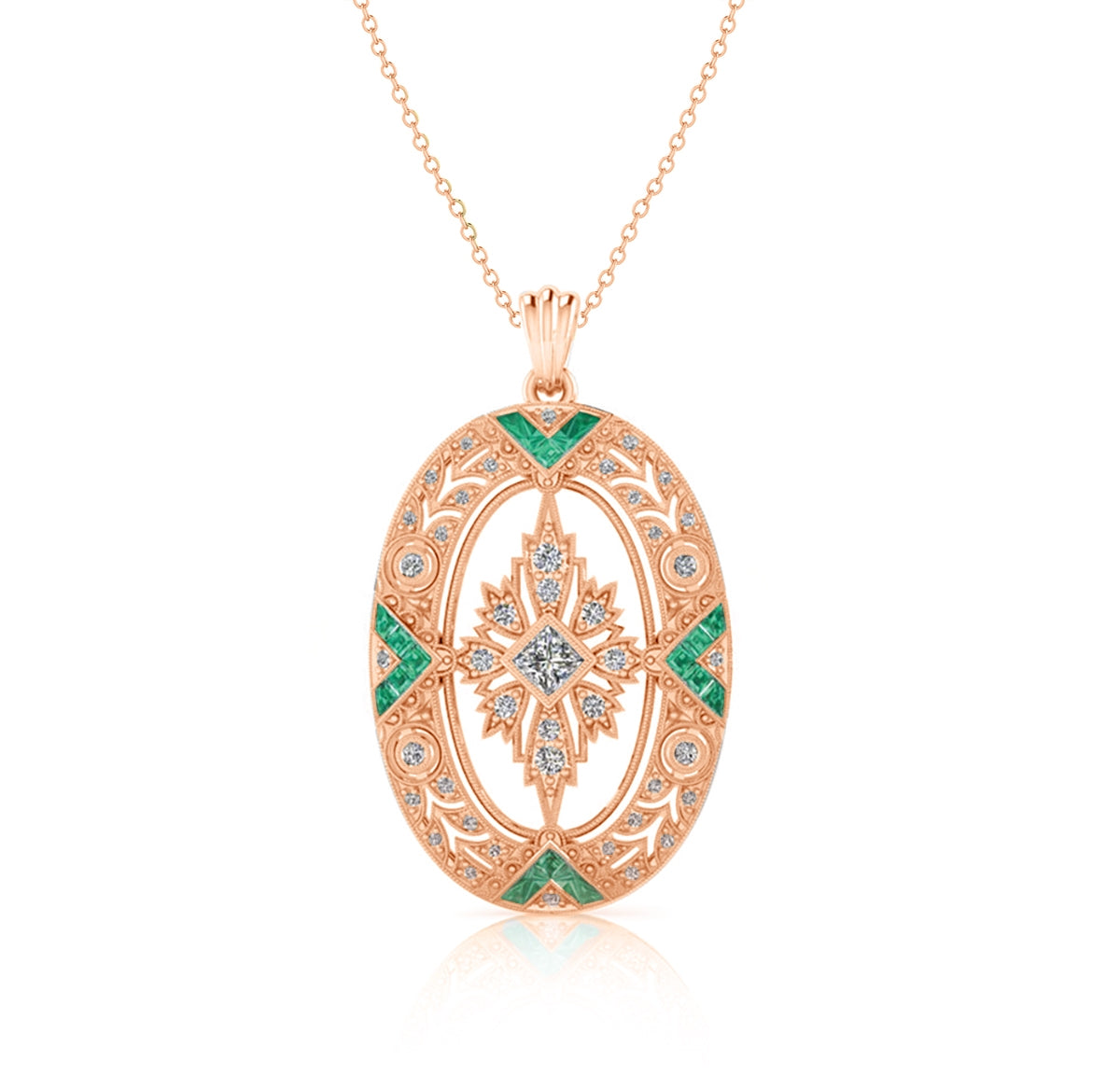 Vintage Inspired Oval Emerald and Diamond Milgrain Pendant by Jolie Designs