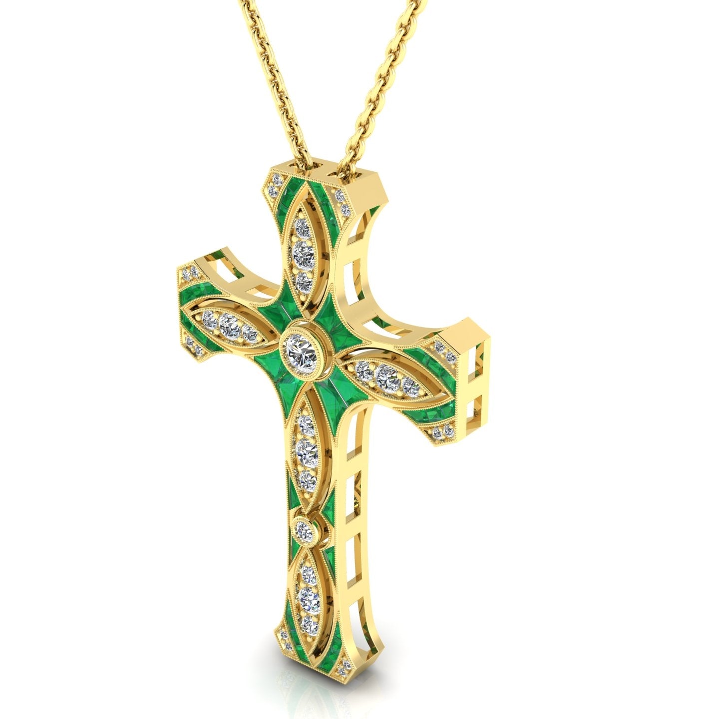 Custom Cut Emerald & Diamond Cross Pendant with Milgrain by Jolie Designs