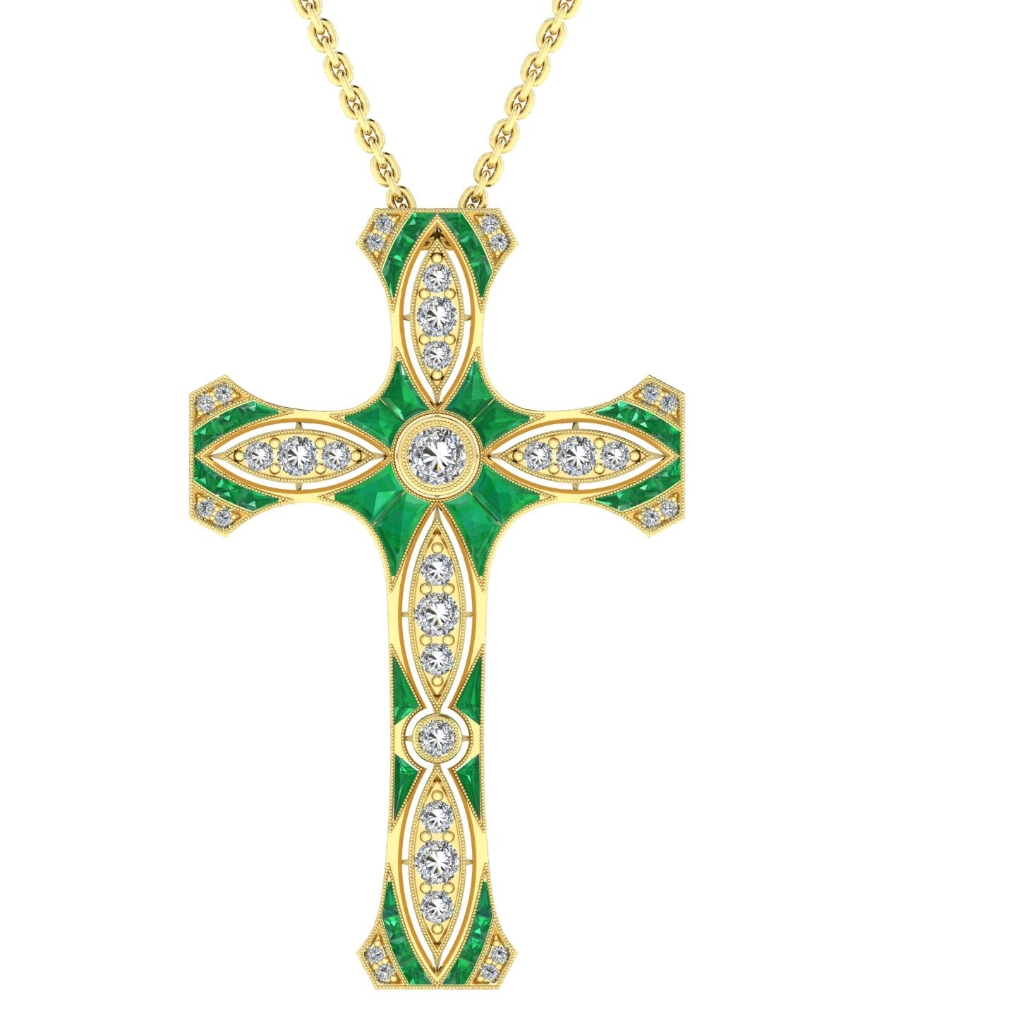 Custom Cut Emerald & Diamond Cross Pendant with Milgrain by Jolie Designs