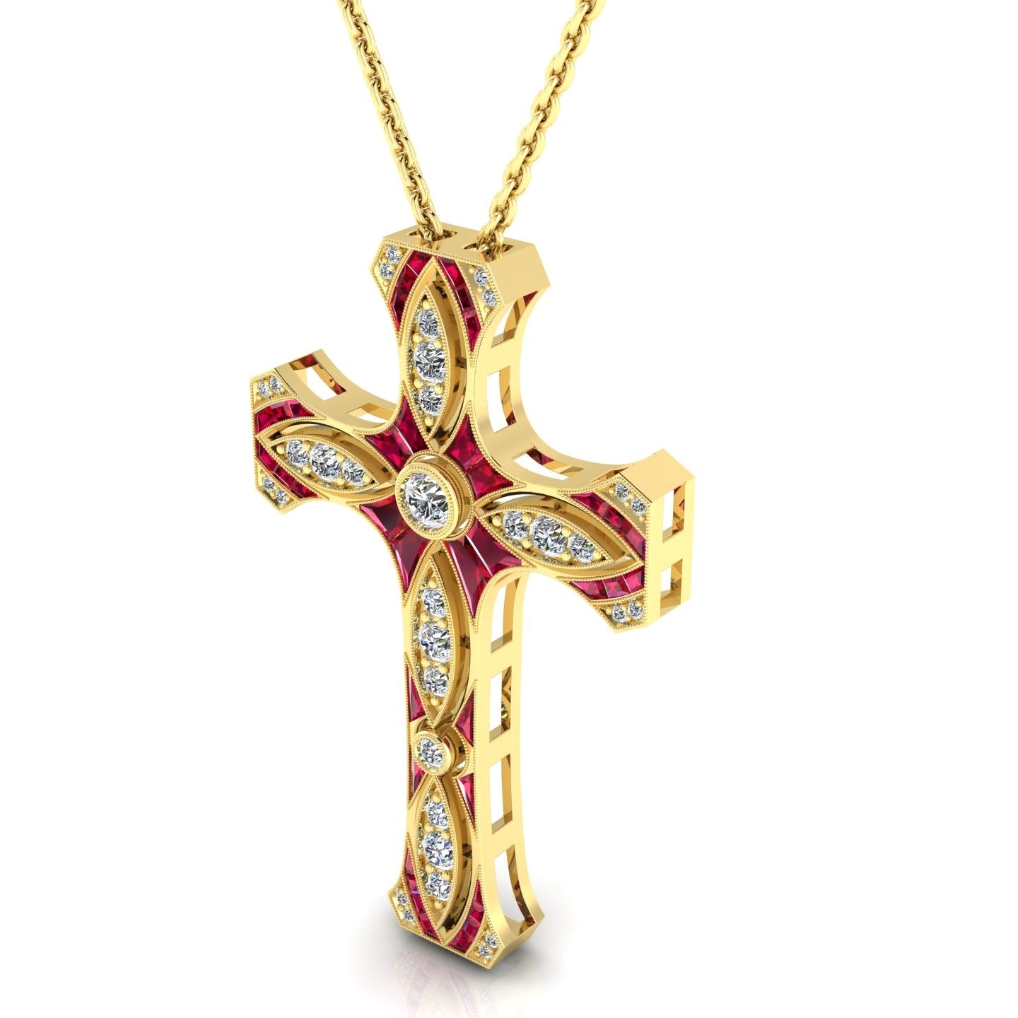 Custom Ruby and Diamond Cross Pendant with Milgrain Detail by Jolie Designs