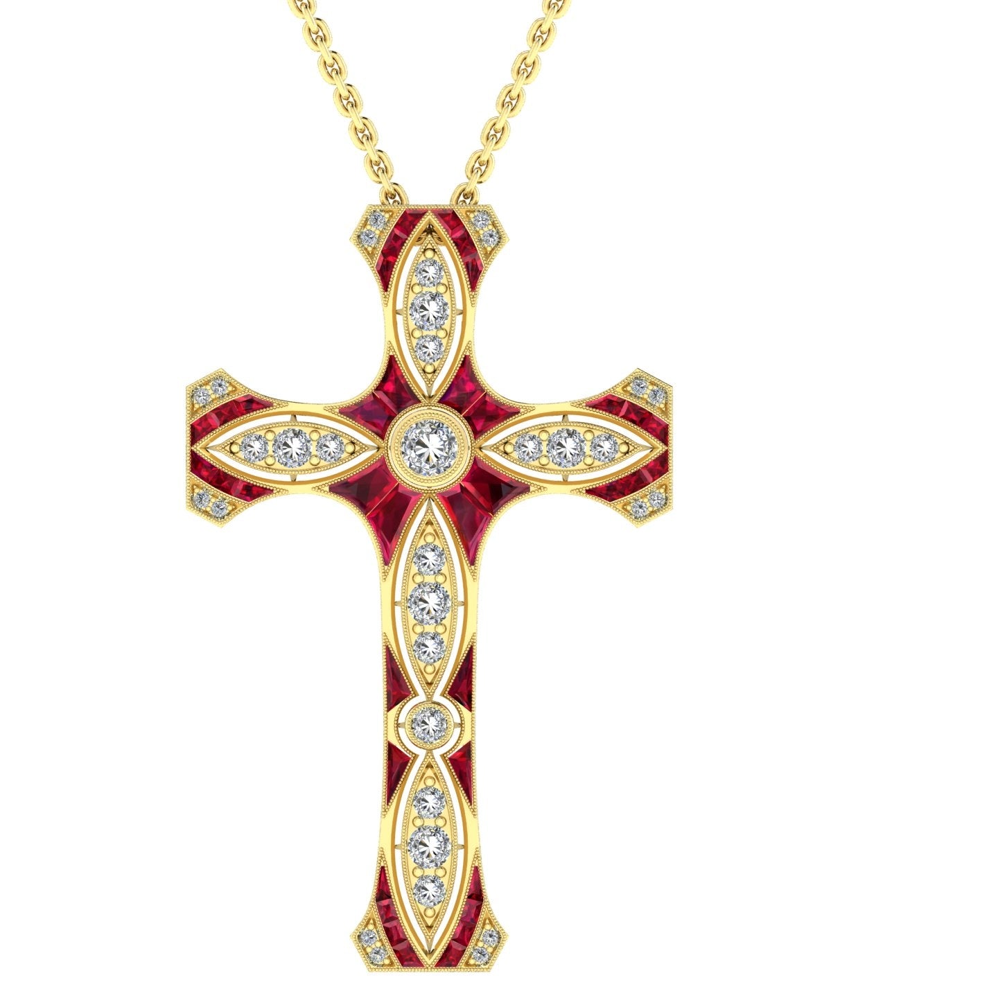 Custom Ruby and Diamond Cross Pendant with Milgrain Detail by Jolie Designs