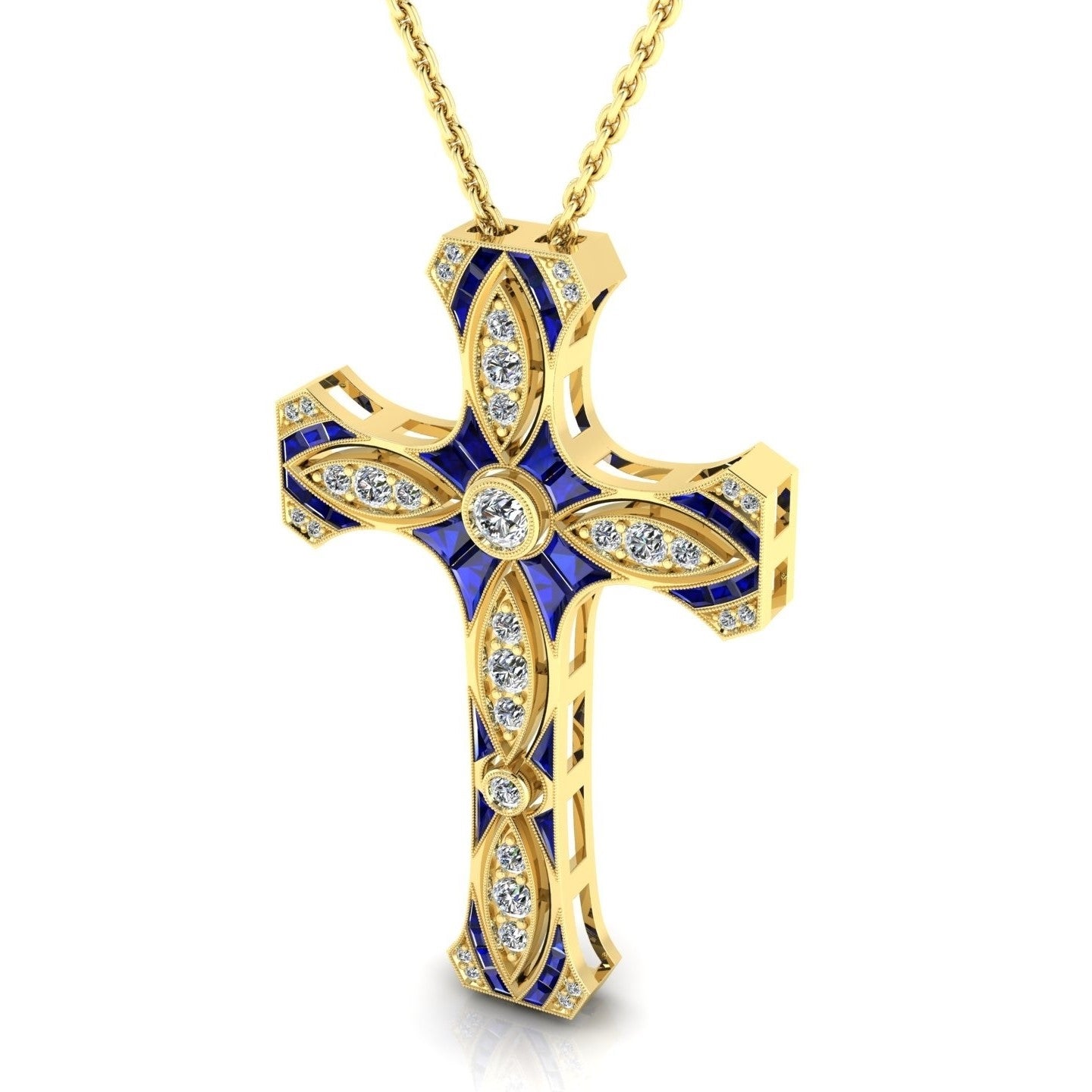 Blue Sapphire and Diamond Cross Pendant with Milgrain by Jolie Designs